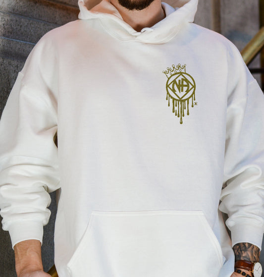 When You See the Lights Come On Unisex White Pull-Over Hoodie with Gold Metallic