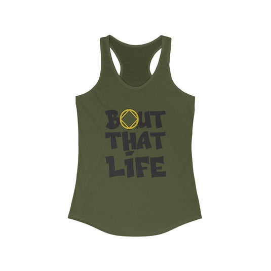 Green tank top with 'Bout That Life' text on a white background