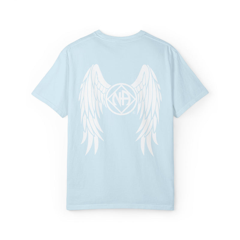 Load image into Gallery viewer, Light blue t-shirt with white angel wings design on a white background
