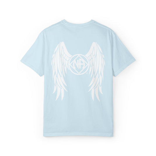 Light blue t-shirt with white angel wings design on a white background
