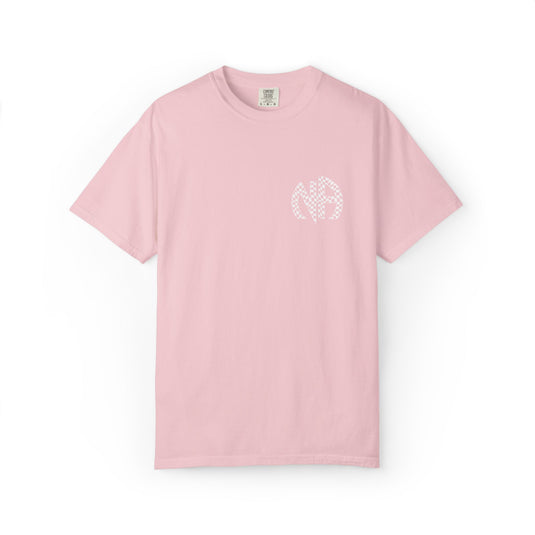 Pink t-shirt with a white logo on a white background