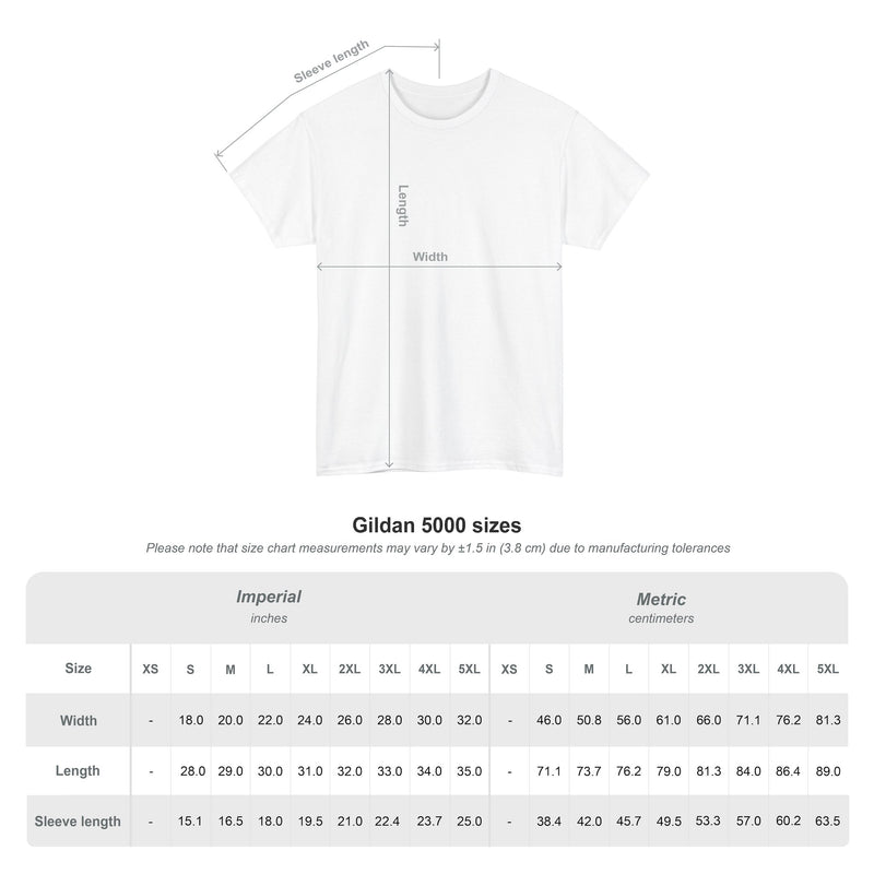 Load image into Gallery viewer, White t-shirt with measurement chart for Gildan 5000 sizes on a white background
