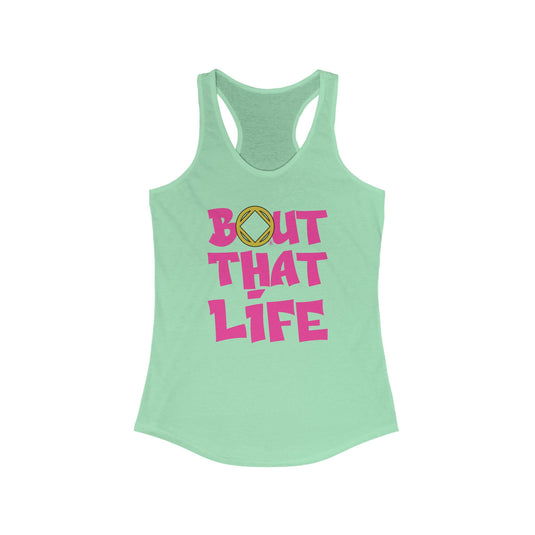 Mint green tank top with pink and yellow text on a white background