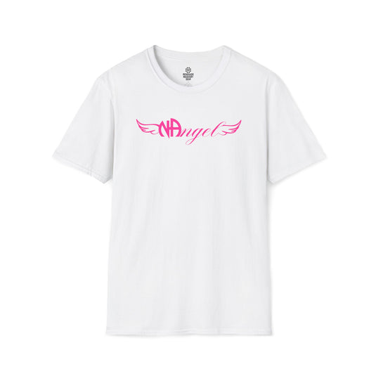 White t-shirt with pink 'NAngel' design on a white background