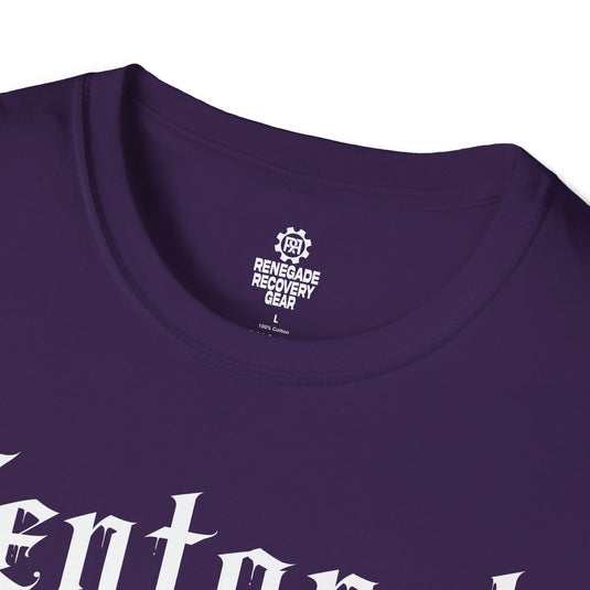 Close-up of a purple t-shirt with 'Renegade Recovery Gear' logo on a white background