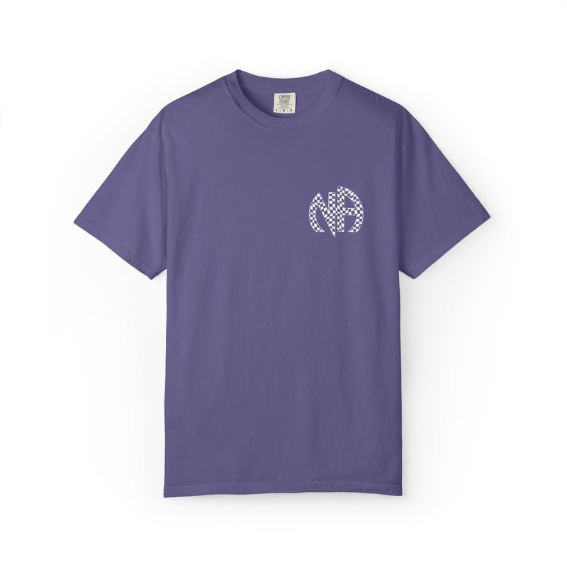 Load image into Gallery viewer, Purple t-shirt with a monogram design on a white background
