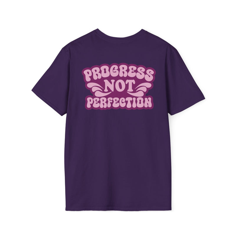 Load image into Gallery viewer, Purple t-shirt with pink text 'PROGRESS NOT PERFECTION' on a white background
