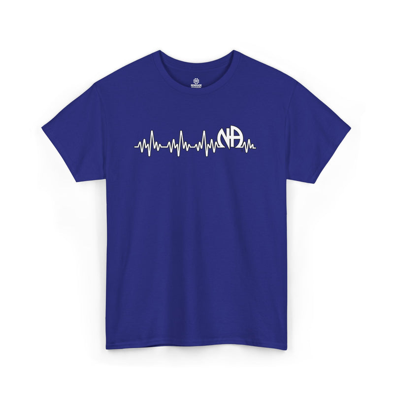 Load image into Gallery viewer, Blue t-shirt with a white heartbeat design on a white background

