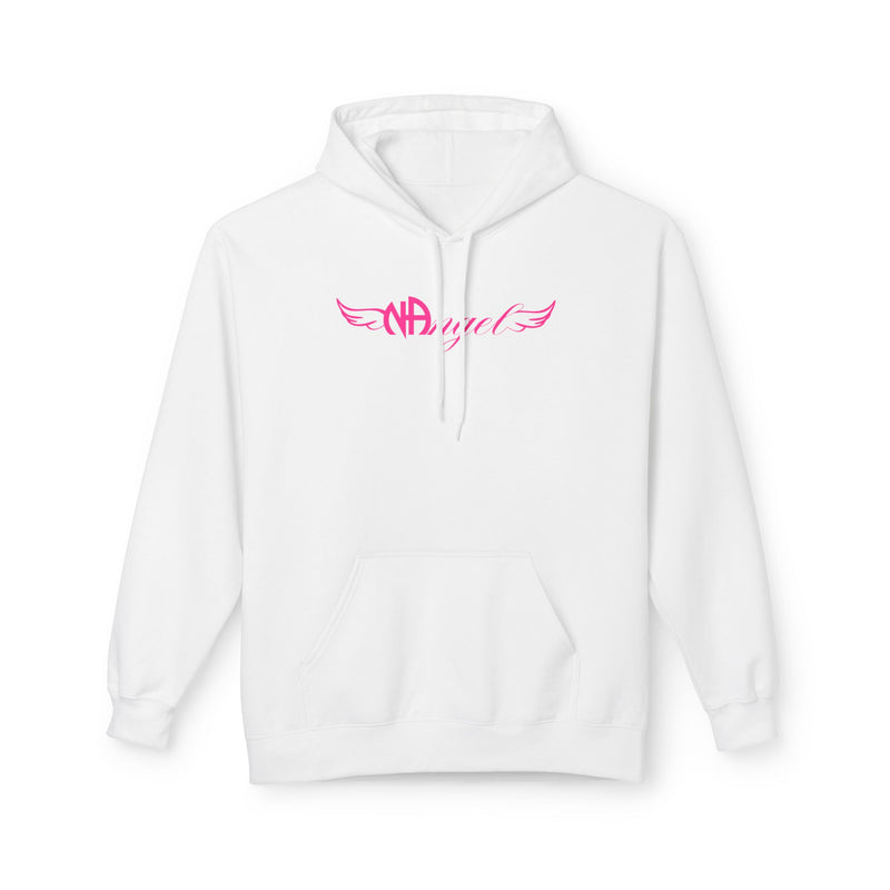 Load image into Gallery viewer, White hoodie with pink logo on a white background

